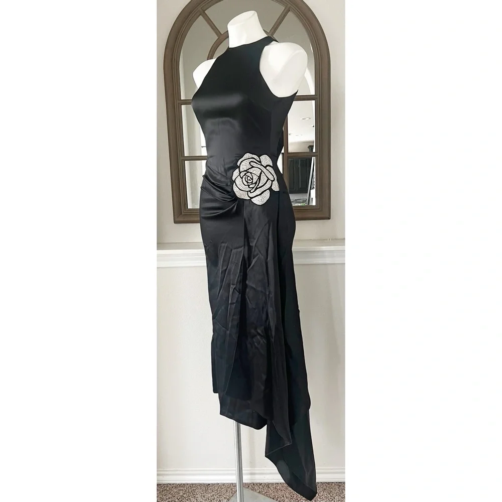 David Koma Crystal Embellished Asymmetric Satin Scarf Dress, Size US 2, UK 6 NEW